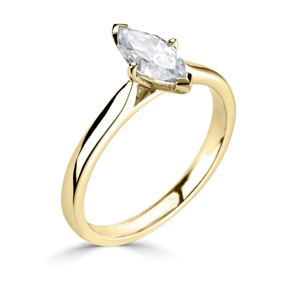 18ct Yellow Gold Marquise Cut Four Claw Solitaire Diamond Ring