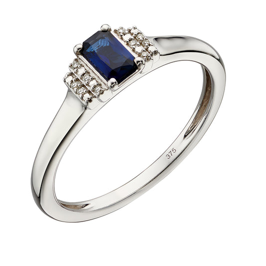 9ct White Gold Blue Sapphire And Diamond Claw Set Dress Ring