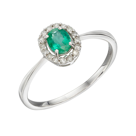9ct White Gold Cluster Dress Ring With Emerald And Diamond