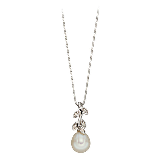 9ct White Gold Pearl And Diamond Leaf Pendant