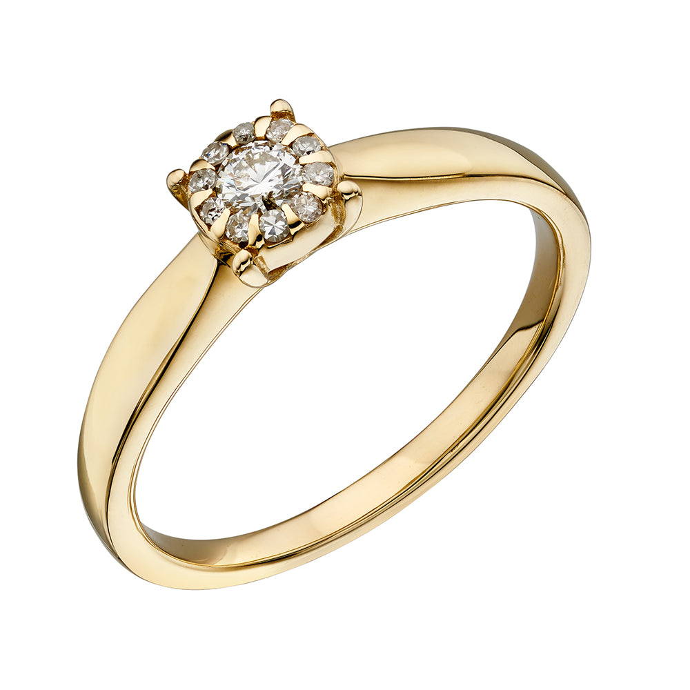 9ct Yellow Gold Diamond Cluster Solitare Ring