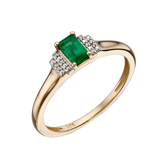 9ct Yellow Gold Emerald And Diamond Set Symetrical Dress Ring