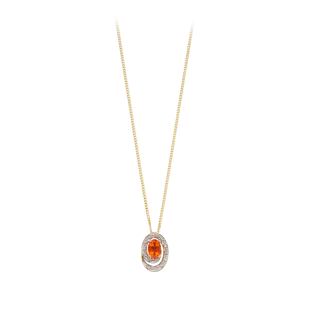 9ct Yellow Gold Fire Opal And Diamond Oval Pendant
