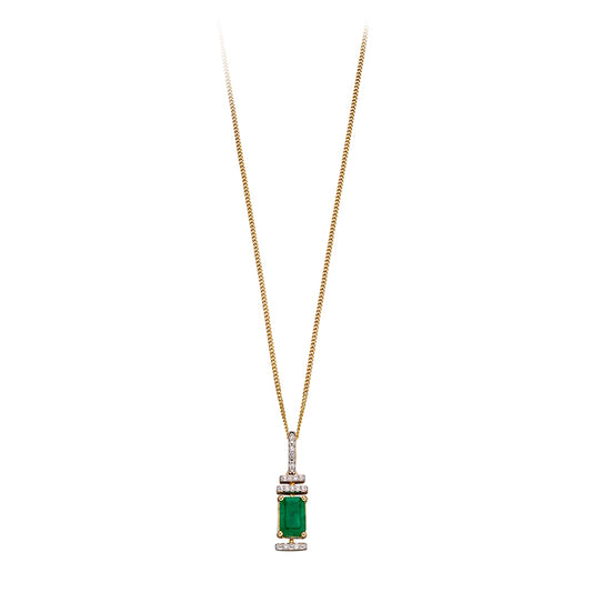 9ct Yellow Gold Emerald And Diamond Rectangular Pendant