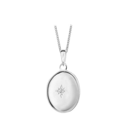 Sterling Silver Oval Locket With A Star set Cubic Zirconia