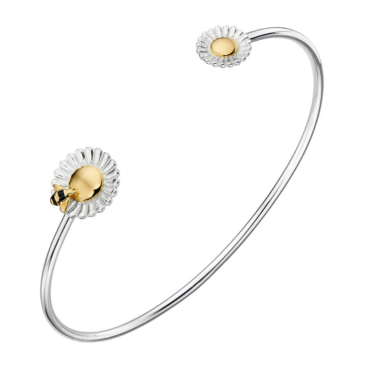 Sterling Silver And Yellow Gold Plated Bangle, Bee And Daisy Design