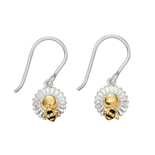 Sterling Silver Daisy And Bee Earrings With Yellow Gold Plating