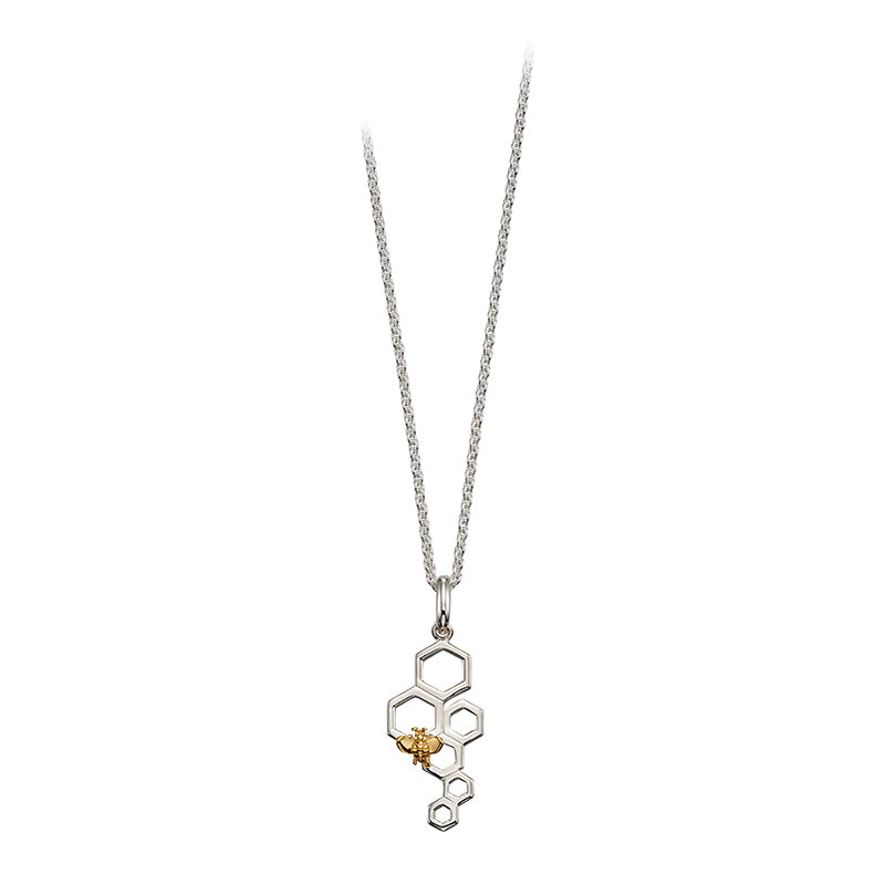 Sterling Silver Honeycomb And Bee Pendant With Yellow Gold Plating