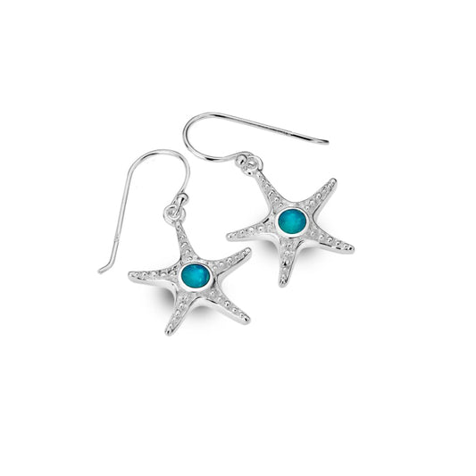 Silver Dangling Hook Starfish Earrings Set With Turquoise