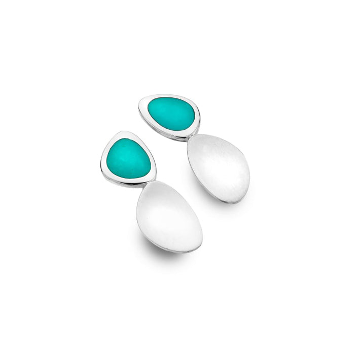 Silver Double Drop Pebble Earrings Set With Turquoise