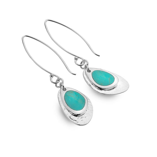 Silver Dangling Hook Earrings, Double Pebble Design Set With Turquoise