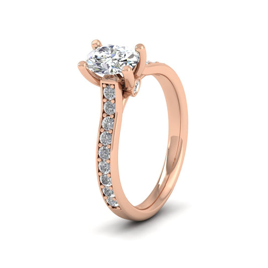 9ct Rose Gold Four Claw Set Oval Diamond Ring With Shoulder Stones