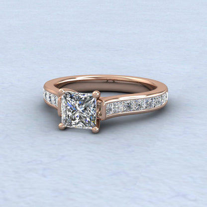 18ct Rose Gold Four Claw Princess Cut Diamond Ring With Shoulder Stones