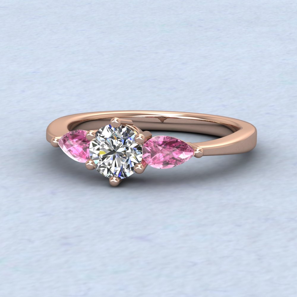 9ct Rose Gold Pear Shape Pink Sapphire And Diamond Three Stone Ring