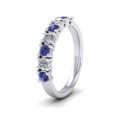 Platinum Seven Stone Diamond And Blue Sapphire Ring