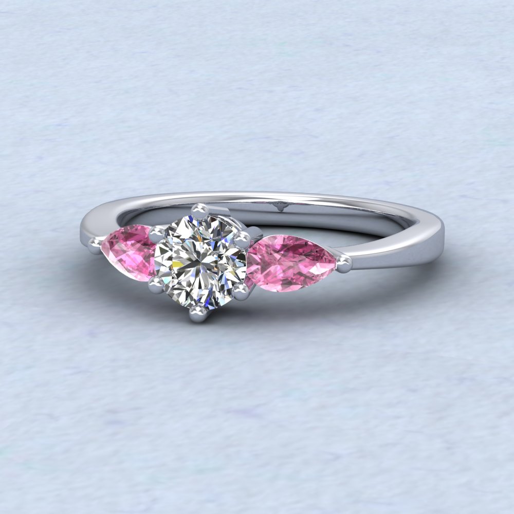 9ct White Gold Pear Shape Pink Sapphire And Diamond Three Stone Ring