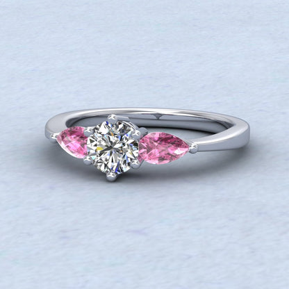 Platinum Pear Shape Pink Sapphire And Diamond Three Stone Ring