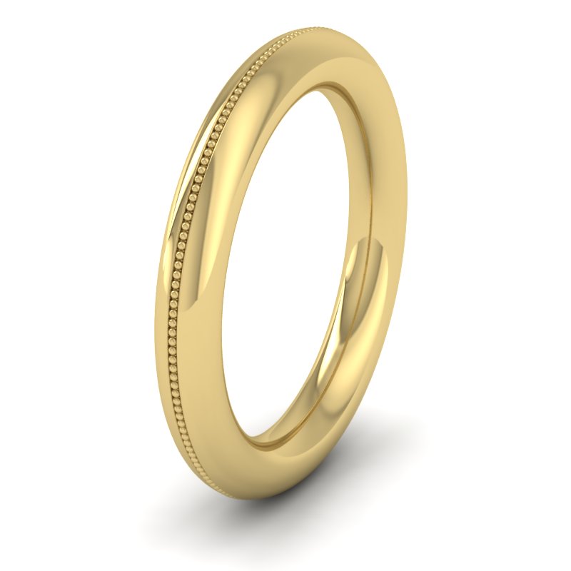 <p>18ct Yellow Gold Millgrain Patterned Halo (Round In Profile) Wedding Ring.  3mm Wide </p>