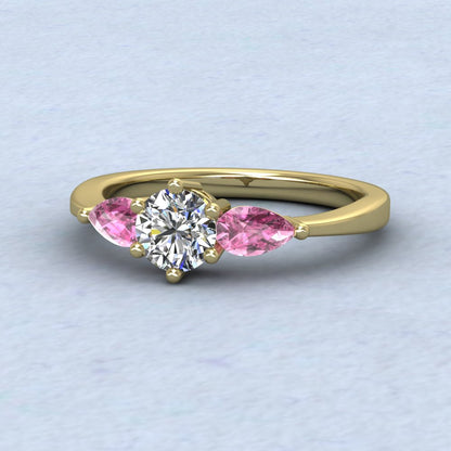 9ct Yellow Gold Pear Shape Pink Sapphire And Diamond Three Stone Ring