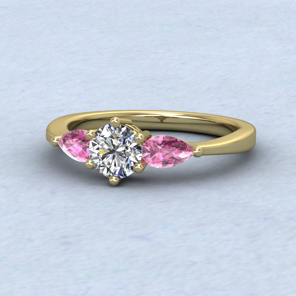 18ct Yellow Gold Pear Shape Pink Sapphire And Diamond Three Stone Ring