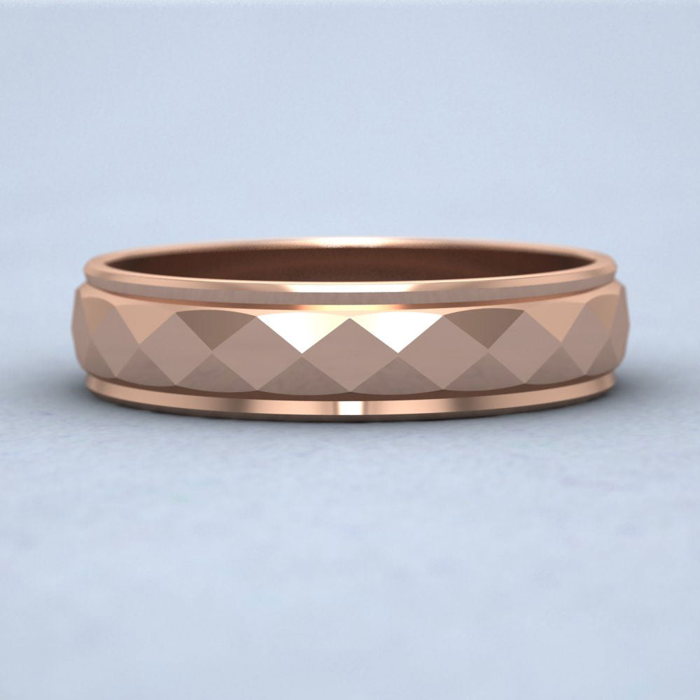 Facet And Line Pattern 9ct Rose Gold 5mm Wedding Ring Down View