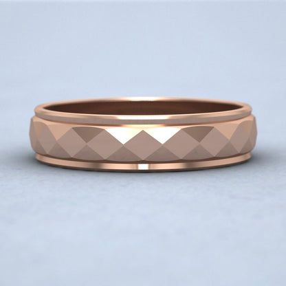 Facet And Line Pattern 18ct Rose Gold 5mm Wedding Ring Down View