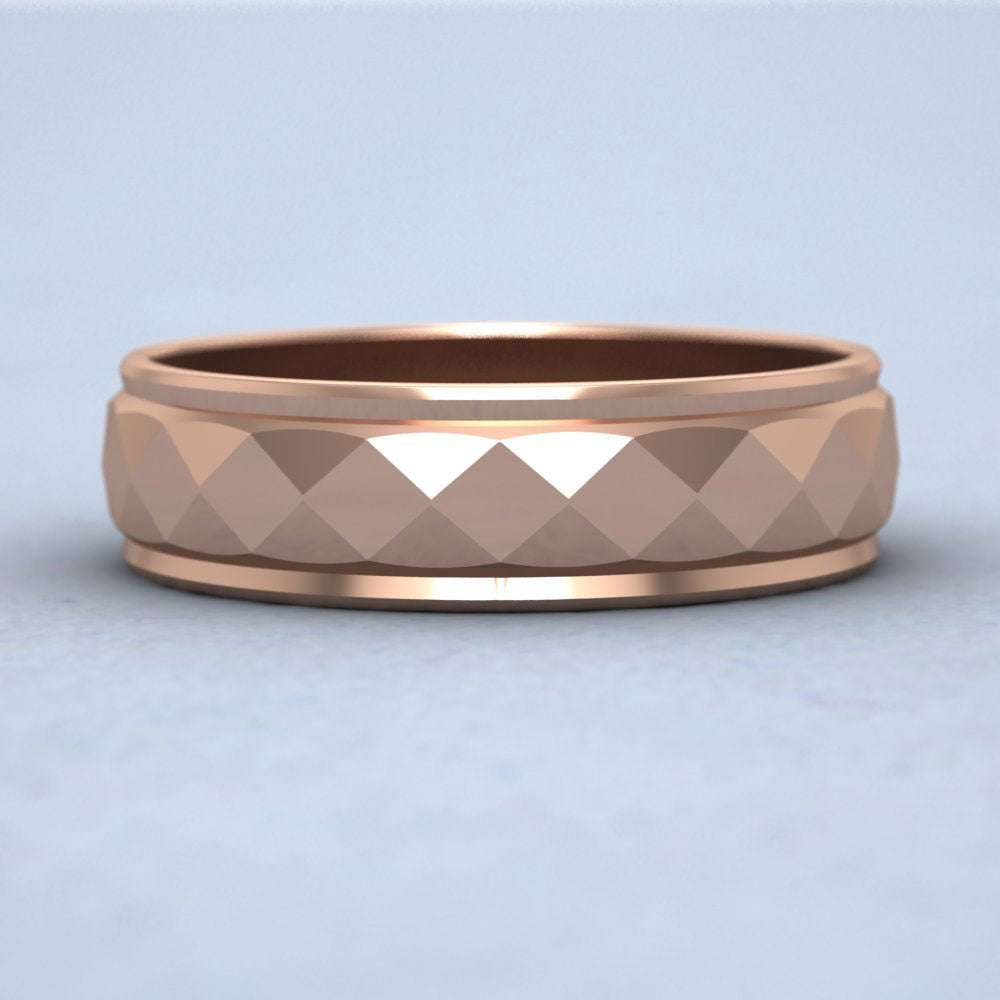 Facet And Line Pattern 18ct Rose Gold 6mm Wedding Ring Down View