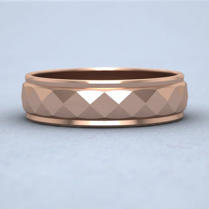 Facet And Line Pattern 18ct Rose Gold 6mm Wedding Ring Down View