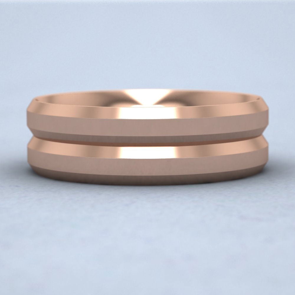 Bevelled Line Patterned 9ct Rose Gold 7mm Wedding Ring Down View