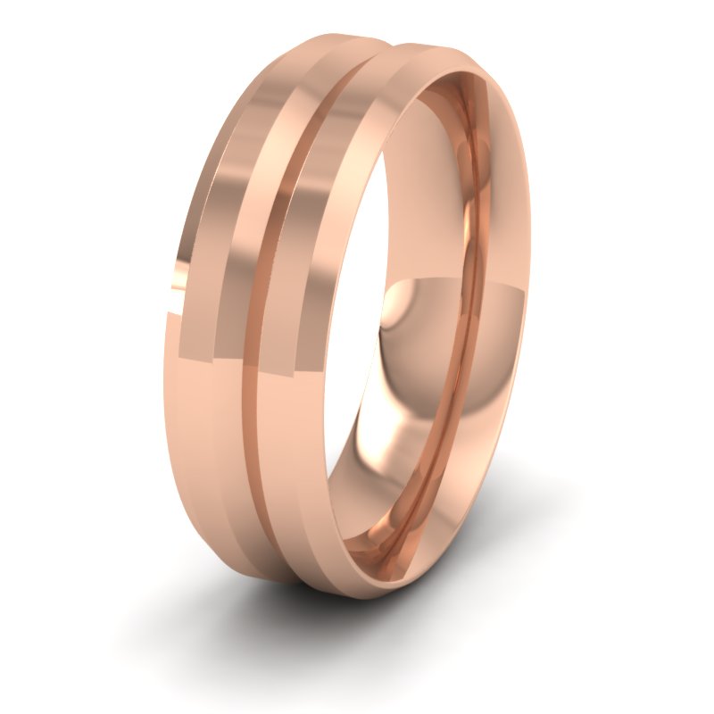 Bevelled Line Patterned 9ct Rose Gold 7mm Wedding Ring