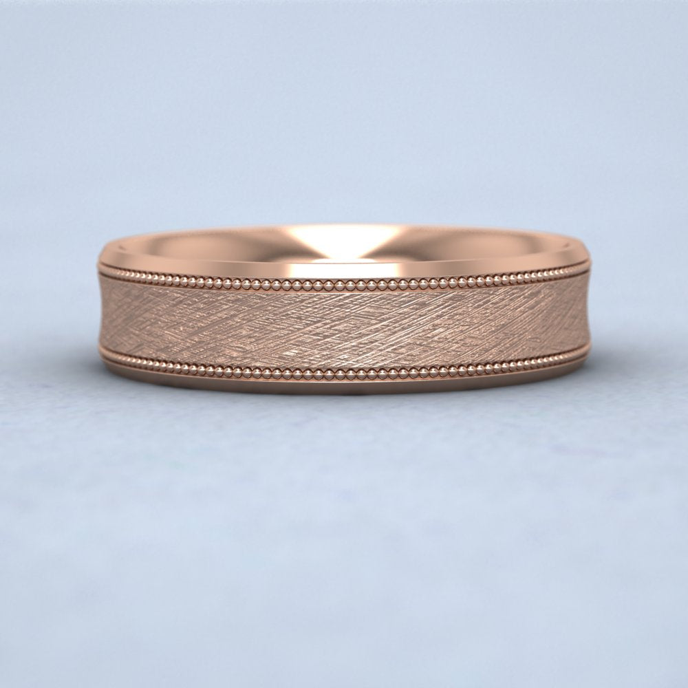 Hatched Centre And Millgrain Patterned 9ct Rose Gold 5mm Wedding Ring Down View