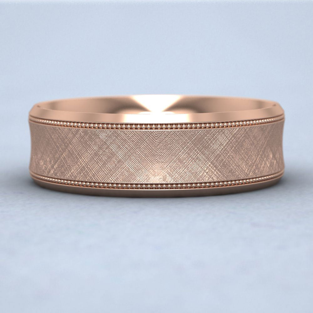 Hatched Centre And Millgrain Patterned 9ct Rose Gold 7mm Wedding Ring Down View