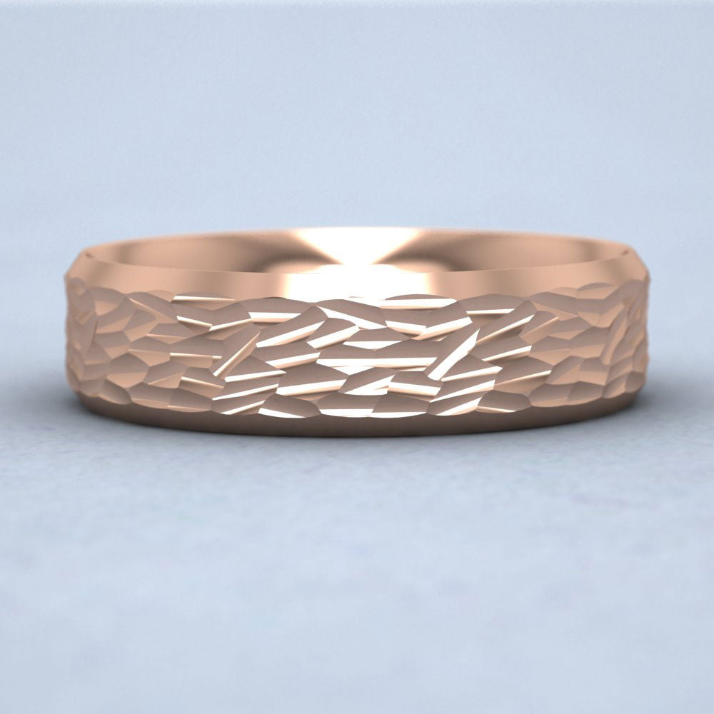 Bevelled Edge And Hammered Centre 9ct Rose Gold 6mm Wedding Ring Down View