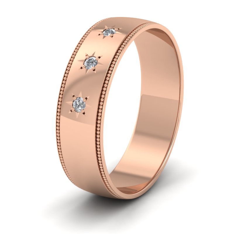 Millgrained Edge And Three Star Diamond Set 9ct Rose Gold 6mm Wedding Ring