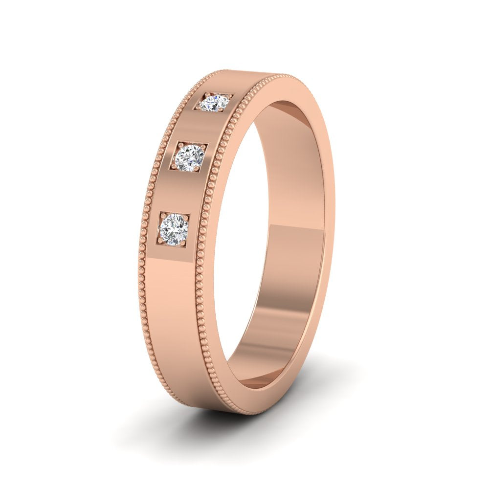 Three Diamonds With Square Setting 9ct Rose Gold 4mm Wedding Ring With Millgrain Edge