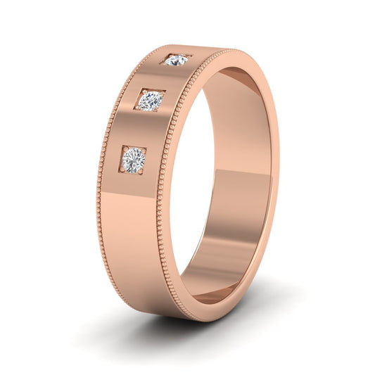 Three Diamonds With Square Setting 9ct Rose Gold 6mm Wedding Ring With Millgrain Edge