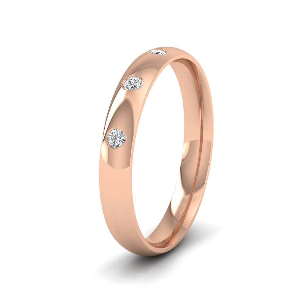 Three Diamond Flush Set 18ct Rose Gold 3mm Wedding Ring