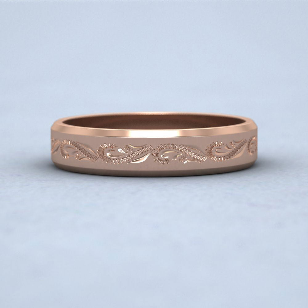 Engraved 9ct Rose Gold 4mm Flat Wedding Ring With Bevelled Edge Down View