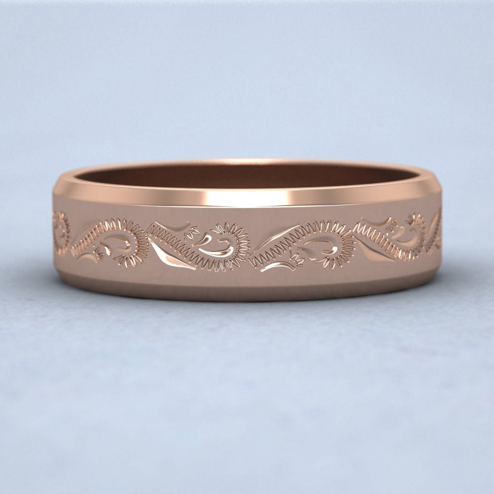 Engraved 18ct Rose Gold 6mm Flat Wedding Ring With Bevelled Edge Down View