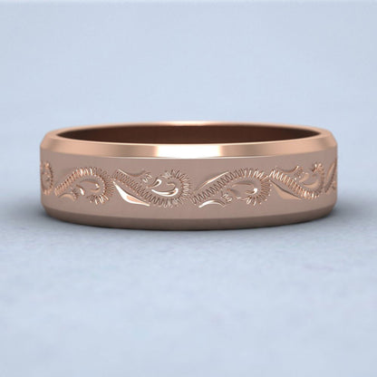 Engraved 18ct Rose Gold 6mm Flat Wedding Ring With Bevelled Edge Down View