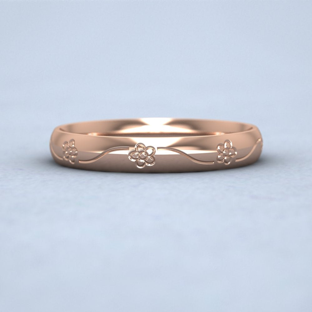 Engraved Flower 9ct Rose Gold 3mm Wedding Ring Down View