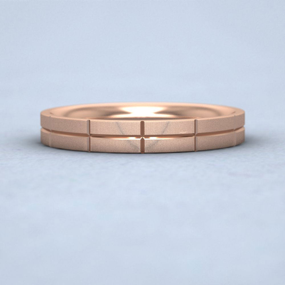 Cross Line Patterned 9ct Rose Gold 3mm Flat Comfort Fit Wedding Ring Down View