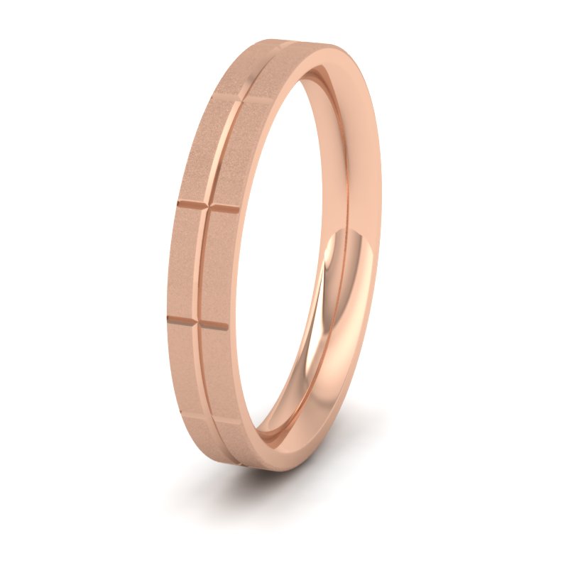 Cross Line Patterned 18ct Rose Gold 3mm Flat Comfort Fit Wedding Ring