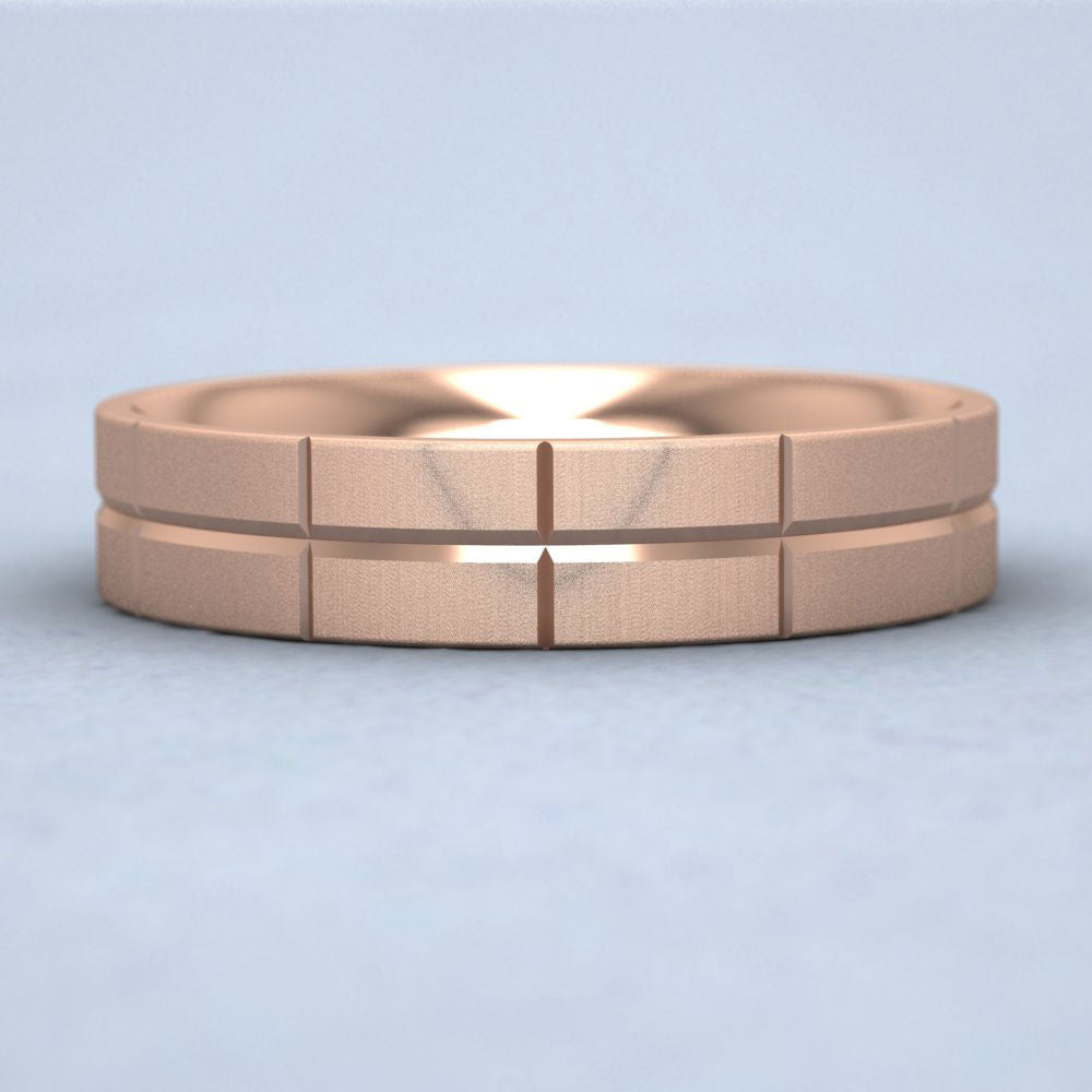 Cross Line Patterned 9ct Rose Gold 5mm Flat Comfort Fit Wedding Ring Down View
