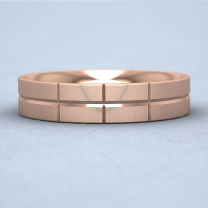 Cross Line Patterned 9ct Rose Gold 5mm Flat Comfort Fit Wedding Ring Down View