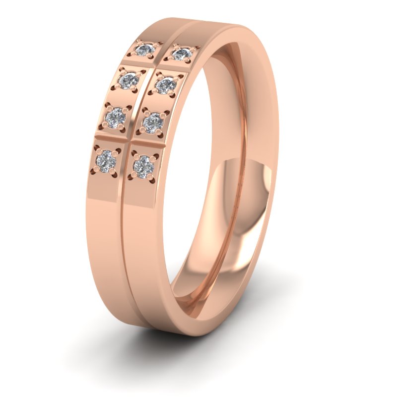 Cross Line Patterned And Diamond Set 9ct Rose Gold 5mm Flat Comfort Fit Wedding Ring