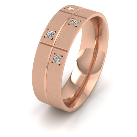 Cross Line Patterned And Diamond Set 18ct Rose Gold 7mm Flat Comfort Fit Wedding Ring