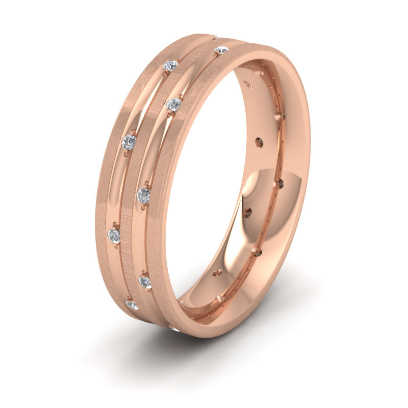 Twenty Diamond Set 18ct Rose Gold 5mm Wedding Ring With Grooves