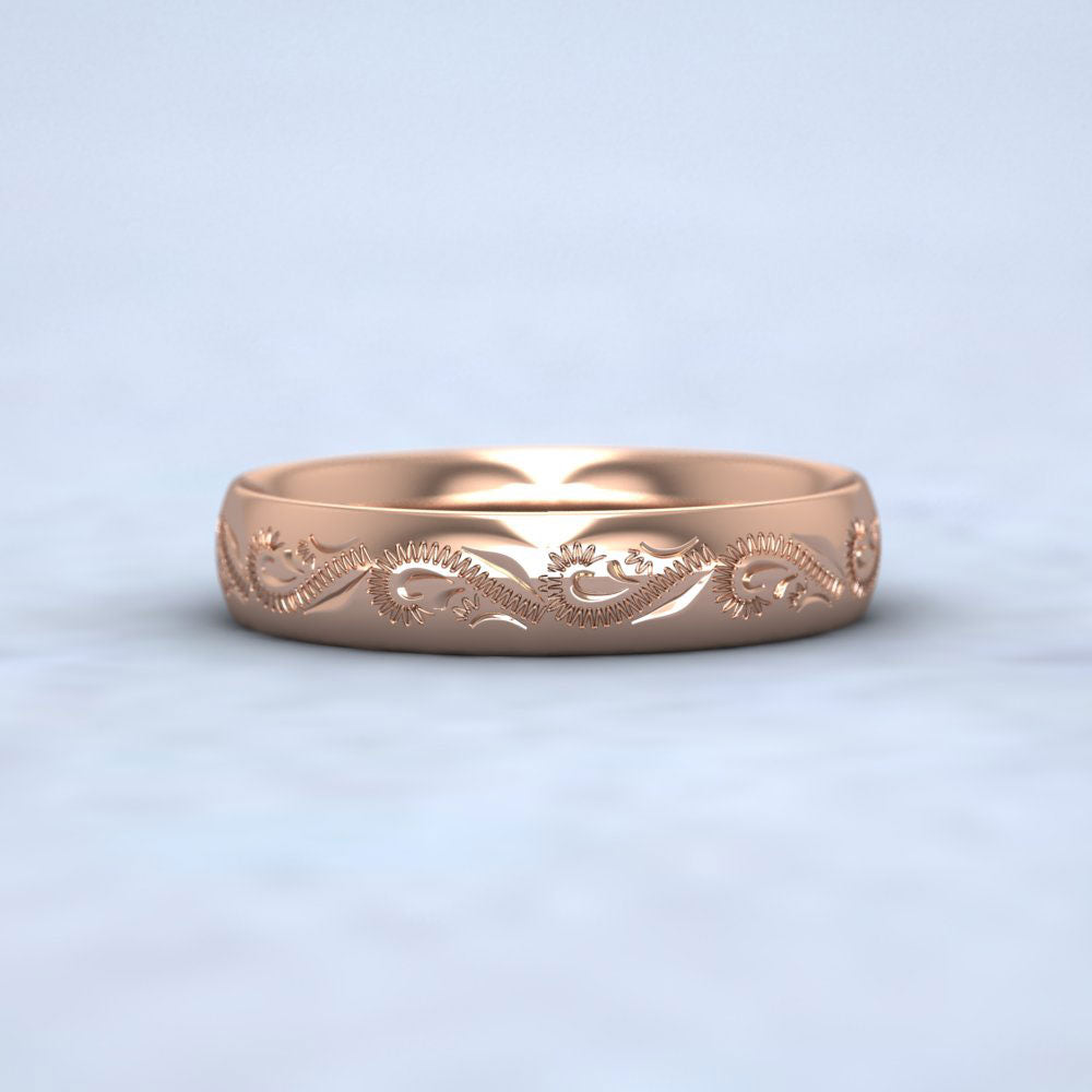 Engraved Court Shape 18ct Rose Gold 4mm Wedding Ring Down View