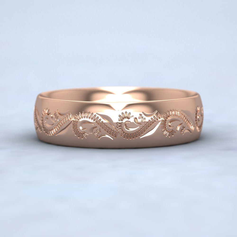 Engraved Court Shape 18ct Rose Gold 6mm Wedding Ring Down View